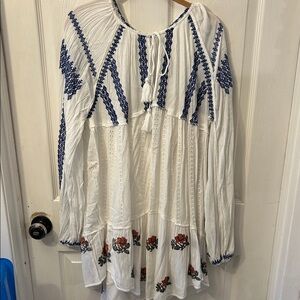 Free People White and Blue Embroidered Dress